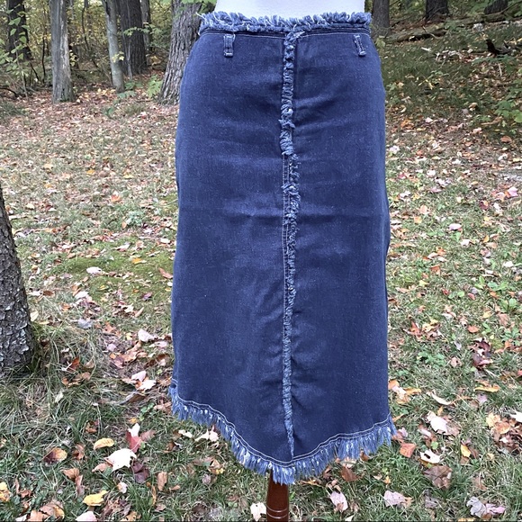 1990s Vintage Denim fringe bottom V hem skirt - Picture 1 of 3